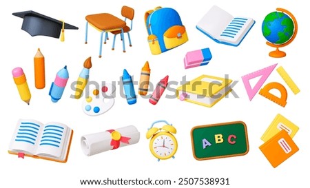 School 3d tools. Isolated elements of kindergarten college art workshop. Backpack brush colored pencil and paints palette, render pithy vector icons