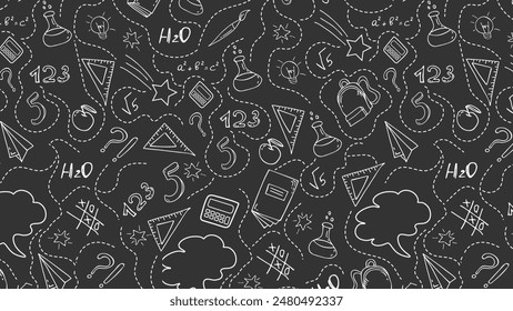 School abstract background banner with school supplies on black background. Back to school. Vector