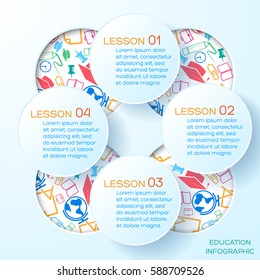 School abstract infographic template with cut out paper circles four options text and colorful icons vector illustration