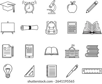 School And Academic Studies Line Art Icon Set Collection