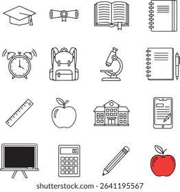 School And Academic Studies Line Art Icon Set Collection