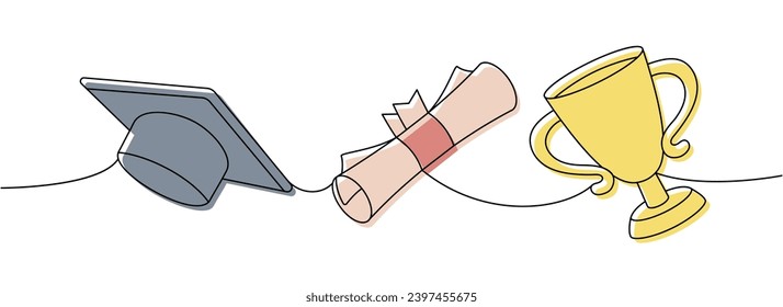 Schulzubehör. Zurück zur Schule eine Zeile. Graduationsmütze, gefaltetes Diplom, Zertifikat, Trophäe-Tasse, fortlaufende Preisauszeichnung in einer Linie.
