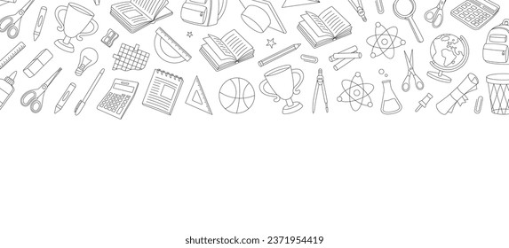 School accessories banner. School horizontal background. Graduation cap, trophy, diploma, notebook, microscope, pencil, schoolbag, globe, calculator.