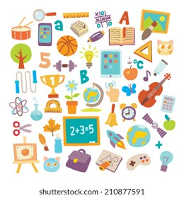School accessories cartoon style icons set 