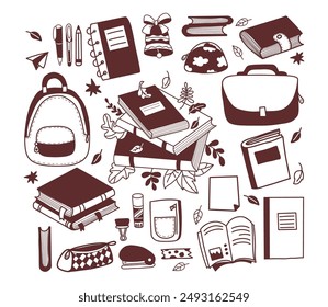 School accessories doodles. Backpack, bag, pencil cases, books, notebooks and stationery. Back to school collection. Vector illustration. Isolated hand drawings for design and decoration