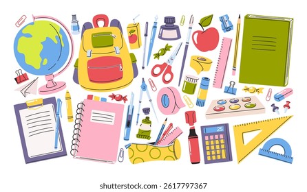 School accessories, education workplace supplies and knowledge items doodle hand drawn set