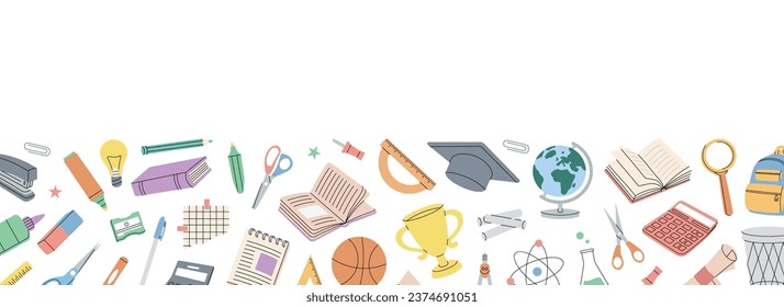 School accessories horizontal banner. Back to school. Diploma, notebook, microscope, test tube, pencil, paper clip, eraser, schoolbag, calculator.