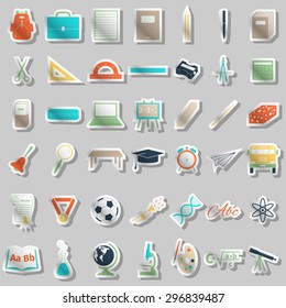 School accessories icons set, stickers style, vector illustration