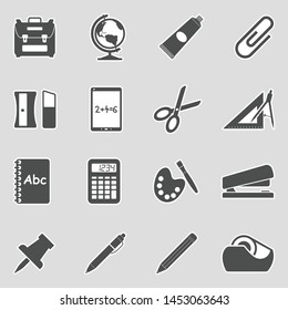 School Accessories Icons. Sticker Design. Vector Illustration.