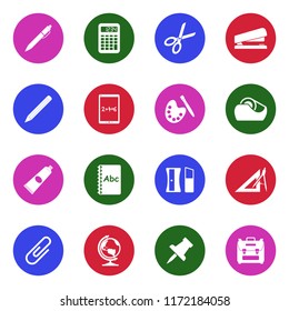 School Accessories Icons. White Flat Design In Circle. Vector Illustration. 