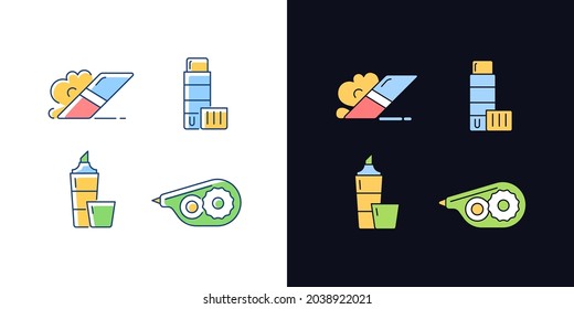 School accessories light and dark theme RGB color icons set. Eraser for artistic use. Glue stick. Highlighter. Isolated vector illustrations on white and black space. Simple filled line drawings pack