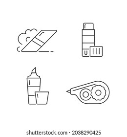 Lineare Icons für Schulzubehör. Radiergummi für künstlerische Zwecke. Kleberstift. Marker markieren. Anpassbare Dünnlinienkontursymbole. Einzige Vektorgrafik-Rahmenillustrationen. Bearbeitbarer Hub