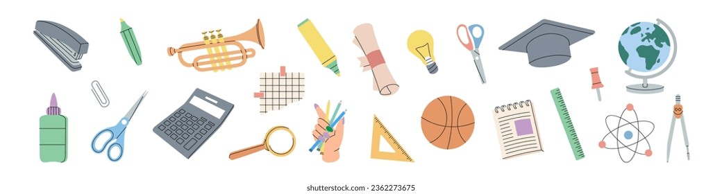 School accessories. Office stapler, scissor, calculator, diploma, paper clip, measuring tool, marker pens, notebook, magnifying glass. Back to school.