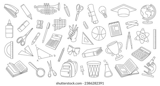 Schulzubehör-Umriss-Set. Zurück zur Schule. Graduationsmütze, Trophäe, Diplom, Notizbuch, Mikroskop, Bleistift, Büroklammer, Radiergummi, Schultasche, Globus.