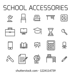 School accessories related vector icon set. Well-crafted sign in thin line style with editable stroke. Vector symbols isolated on a white background. Simple pictograms.