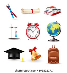 School accessories set with graduation hat, alarm clock, stationery, scroll, globe, books and bell isolated vector illustration  