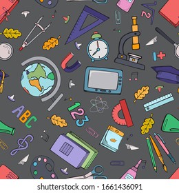 School accessories and supplies.
Seamless vector hand-drawing in cartoon style.