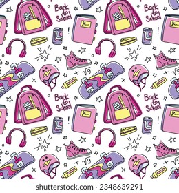 School accessories of a teenager girl in pink colors.Back to school. Seamless pattern.Vector.