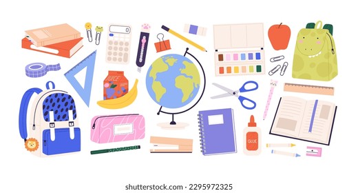 School accessories and tools. Stationery, watercolors and books. Isolated globe, pencil and children backpack. Trendy education racy vector set