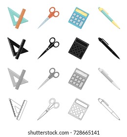 School accessories triangle, ruler, scissors, pen and calculator. School and learning set collection icons in cartoon black monochrome outline style vector symbol stock isometric illustration web.