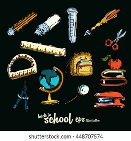 School accessories vector drawings. Pictures set