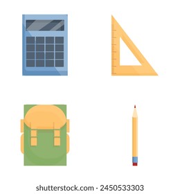 School accessory icons set cartoon vector. Backpack, calculator, ruler and pencil. Education concept