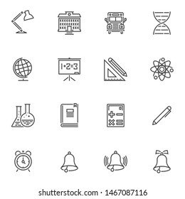 School accessory line icons set. linear style symbols collection, outline signs pack. vector graphics. Set includes icons as school bus, reading lamp, clock, ringing bell, book, chemical flask, ruler