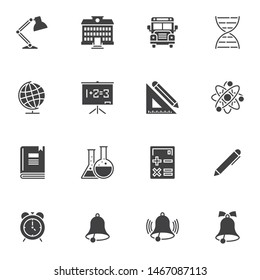 School accessory vector icons set, modern solid symbol collection, filled style pictogram pack. Signs, logo illustration. Set includes icons as school bus, reading lamp, alarm clock, book, chemistry