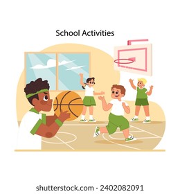 School activities concept. Children taking part in playing sport game after classes. Vibrant energy of students participating in basketball shows spirit of school sports. Flat vector illustration