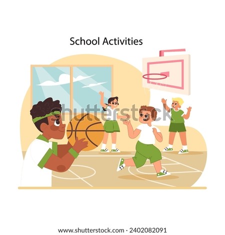 School activities concept. Children taking part in playing sport game after classes. Vibrant energy of students participating in basketball shows spirit of school sports. Flat vector illustration