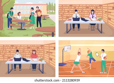 School Activities Flat Color Vector Illustration Set. Eating Lunch With Friend Outside. Pupils Study In Library. Students Interacting 2D Cartoon Characters With Room Interiors On Background Collection