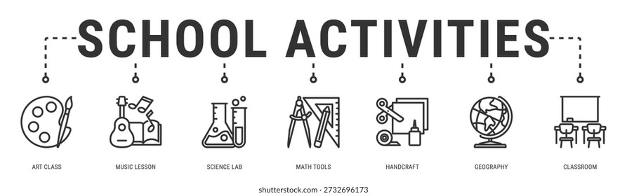 School Activities web banner icon vector illustration featuring Art Class, Music Lesson, Science Lab, Math Tools, Handcraft and Geography
