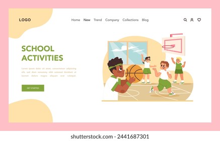 School activities web or landing. Children taking part in playing sport game after classes. Vibrant energy of students participating in basketball shows spirit of school sports. Flat vector