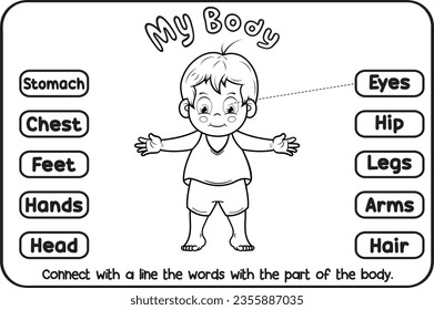 School activity sheet, to complete joining the words with the part of the child's body with a line, vector illustration without color to paint in classes.