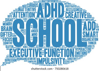 School ADHD word cloud on a white background. 