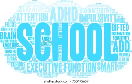 School ADHD word cloud on a white background. 