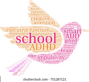 School ADHD word cloud shaped like a bird on a white background. 