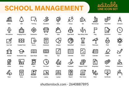 School Administration Icon Set – Modern Outline Line Vector Illustrations for Classroom, Timetable, Attendance, and Education Management Systems