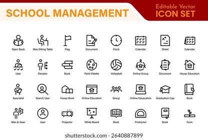 School Administration Icon Set – Modern Outline Line Vector Illustrations for Classroom, Timetable, Attendance, and Education Management Systems