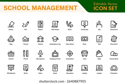School Administration Icon Set – Modern Outline Line Vector Illustrations for Classroom, Timetable, Attendance, and Education Management Systems