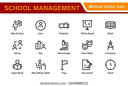 School Administration Icon Set – Modern Outline Line Vector Illustrations for Classroom, Timetable, Attendance, and Education Management Systems