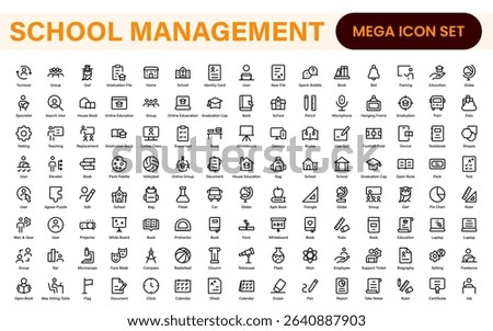 School Administration Icon Set – Modern Outline Line Vector Illustrations for Classroom, Timetable, Attendance, and Education Management Systems
