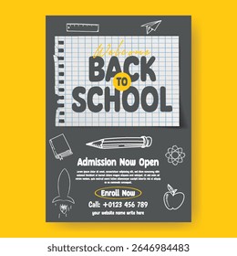 school admission and Back to school print flyer or poster editable template for preschool, educational, online learning editable flyer or poster with educational supplies elements design