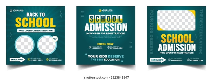 School admission or back to school social media post promotion banner design template set with standard color. School admission social media post banner design bundle.
