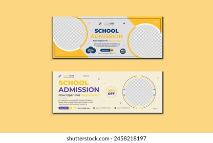 School Admission Banner blue and yellow color, web benner vector design, social media banner design, post, cover, education banner, sale post, Creative Business Marketing Social Media Cover Template