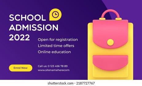 School Admission Distance Education Class Registration Pupil Backpack Web Banner Realistic 3d Icon Vector Illustration. Educational Courses Cyberspace E Learning University Training Digital Technology