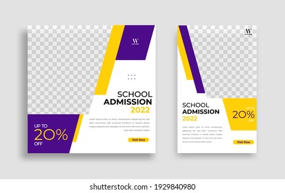 School admission Editable minimal square banner template. Yellow purple White background color with geometric shapes for social media post, story and web internet ads. Vector illustration