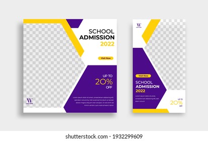 School admission Editable minimal square banner template. Yellow purple White background color with geometric shapes for social media post, story and web internet ads. Vector illustration