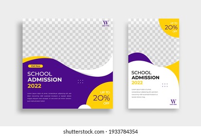 School admission Editable minimal square banner template. Yellow purple White background color with geometric shapes for social media post, story and web internet ads. Vector illustration