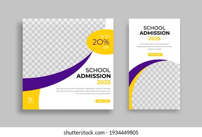 School admission Editable minimal square banner template. Yellow purple White background color with geometric shapes for social media post, story and web internet ads. Vector illustration